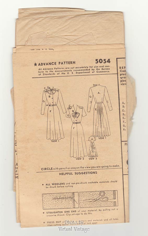 1940s Dress Pattern Advance 5054, Bow Dress Vintage Sewing Pattern, Bust 32