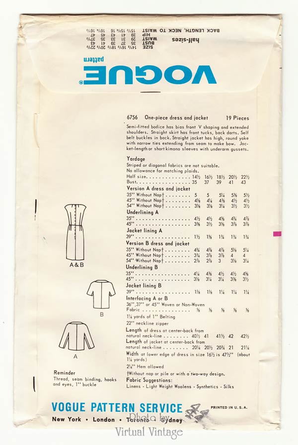 60s Jacket and Dress Pattern Vogue 6756, Half Size Vintage Sewing Patterns, Bust 35, Uncut