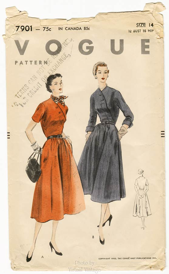 1950s Front Wrap Dress Pattern, Vogue 7901, Vintage Sewing Patterns, Uncut