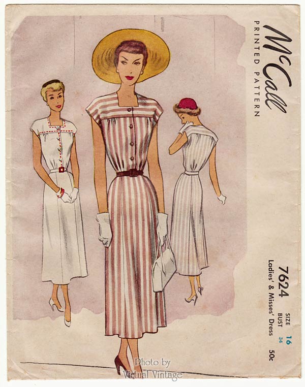 McCall 7624, 1940s Day Dress Pattern, Bust 34 Vintage Sewing Patterns