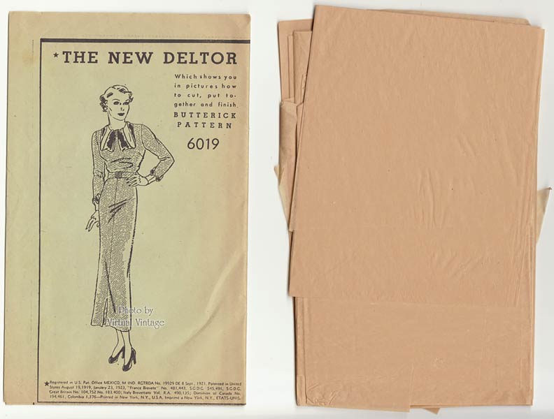 1930s Day Dress Pattern, Butterick 6019, Slim Skirt Dress with Kick Pleats, Bust 36