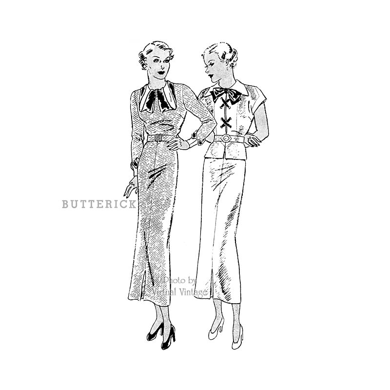 1930s Day Dress Pattern, Butterick 6019, Slim Skirt Dress with Kick Pleats, Bust 36