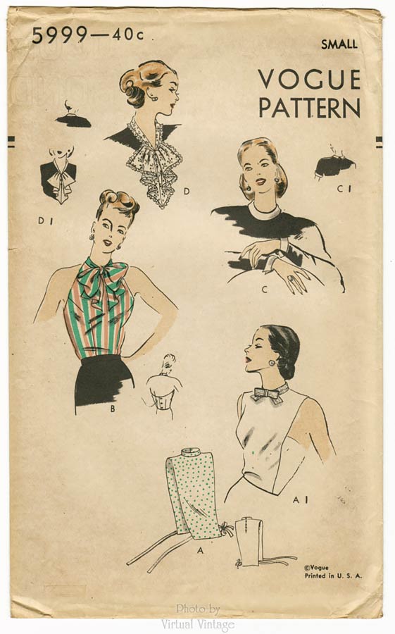 Vintage Vogue Pattern 5999, 1940s Halter Top, Dickey, Jabot, Collar & Cuffs, Uncut