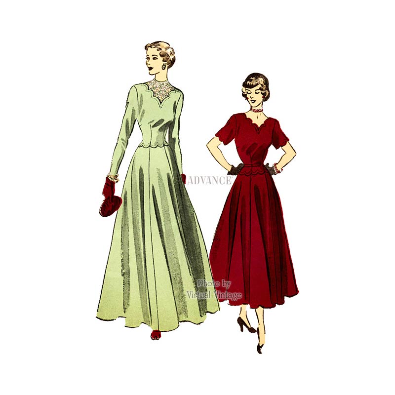 1940s Scalloped Dress Pattern, Advance 5051, Vintage Sewing Pattern, Bust 34, Uncut