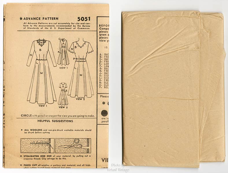 1940s Scalloped Dress Pattern, Advance 5051, Vintage Sewing Pattern, Bust 34, Uncut