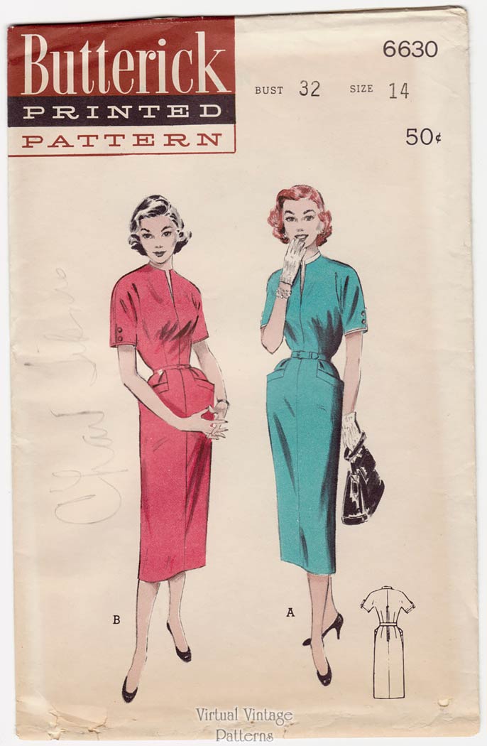 50s Sheath Dress Pattern, Butterick 6630, Vintage Wiggle Dress, Uncut