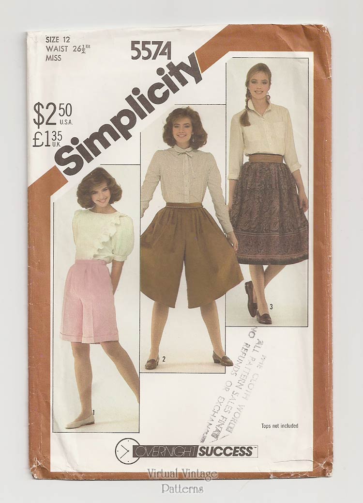 Womens Culottes Sewing Pattern, Simplicity 5574, with Shorts & Pleated Skirt, Size 12, Uncut