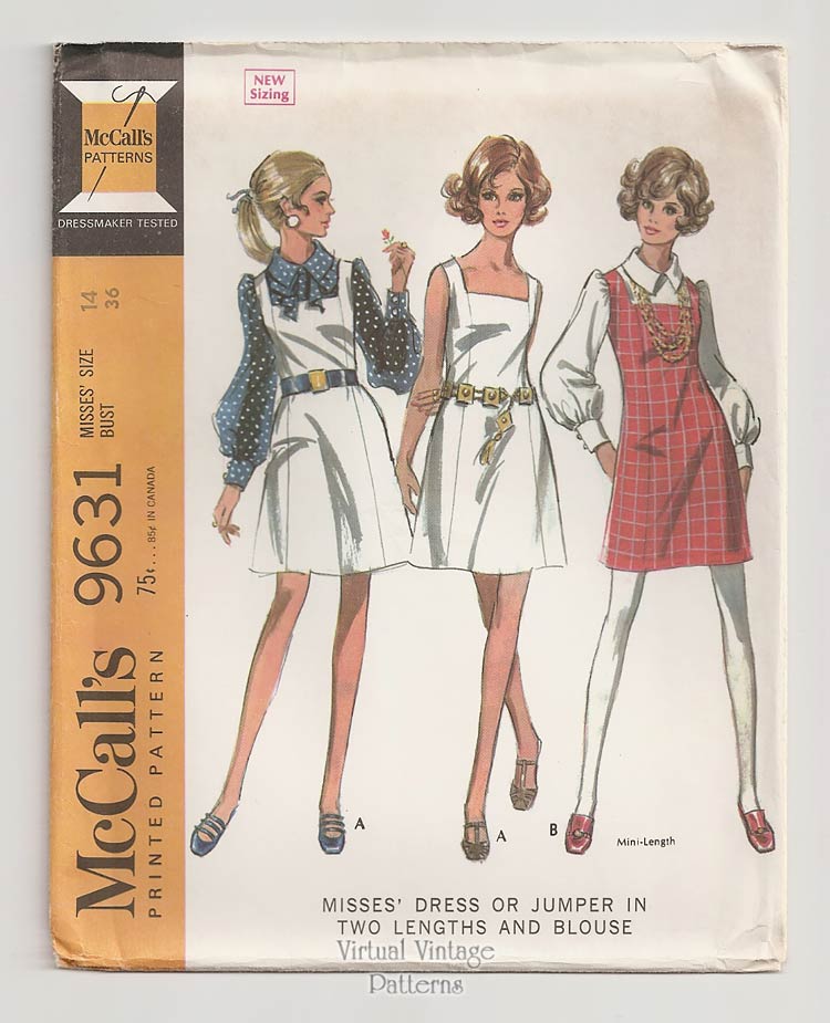 60s Overall Jumper Mini Dress Pattern, McCalls 9631, Dress & Blouse, Bust 36, Uncut