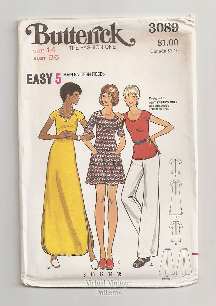 Knit Mini or Maxi Dress Pattern with Top & Pants, Butterick 3089, Bust 36, Uncut