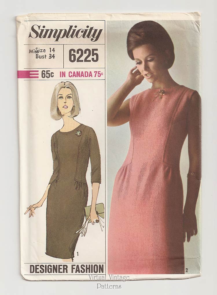 60s Sleeveless Sheath Dress Pattern, Simplicity 6225, Bust 34, Uncut