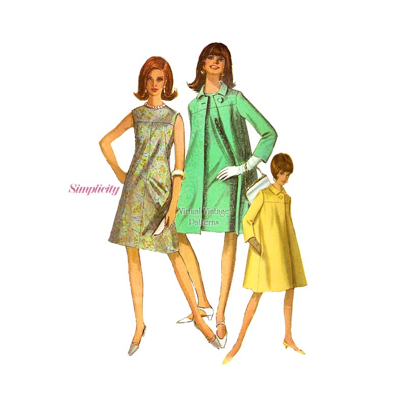 60s Sleeveless A Line Dress & Spring Coat Pattern, Simplicity 6977, Bust 34, Uncut