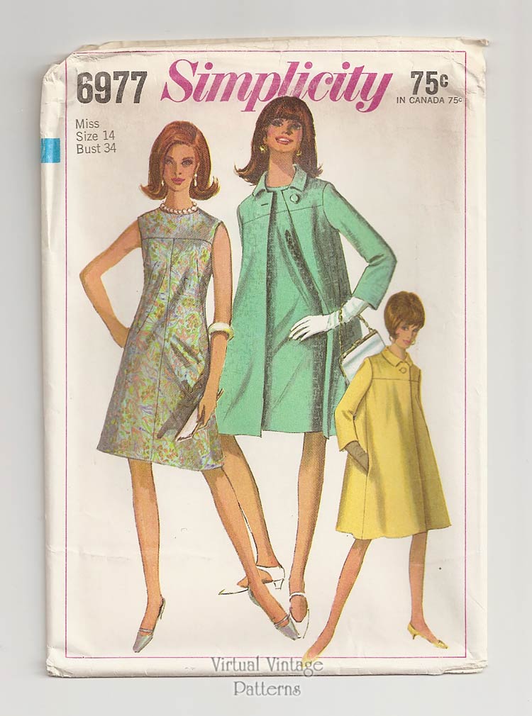 60s Sleeveless A Line Dress & Spring Coat Pattern, Simplicity 6977, Bust 34, Uncut