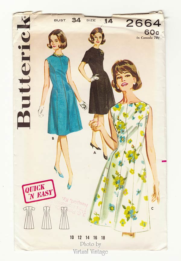 Vintage 1960s Jewel Neck Dress Pattern, Butterick 2664, Bust 34, Uncut