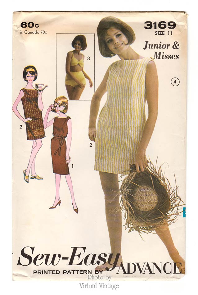 60s Beach Dress & Bikini Pattern, Advance 3169, Vintage Sewing Patterns, Uncut