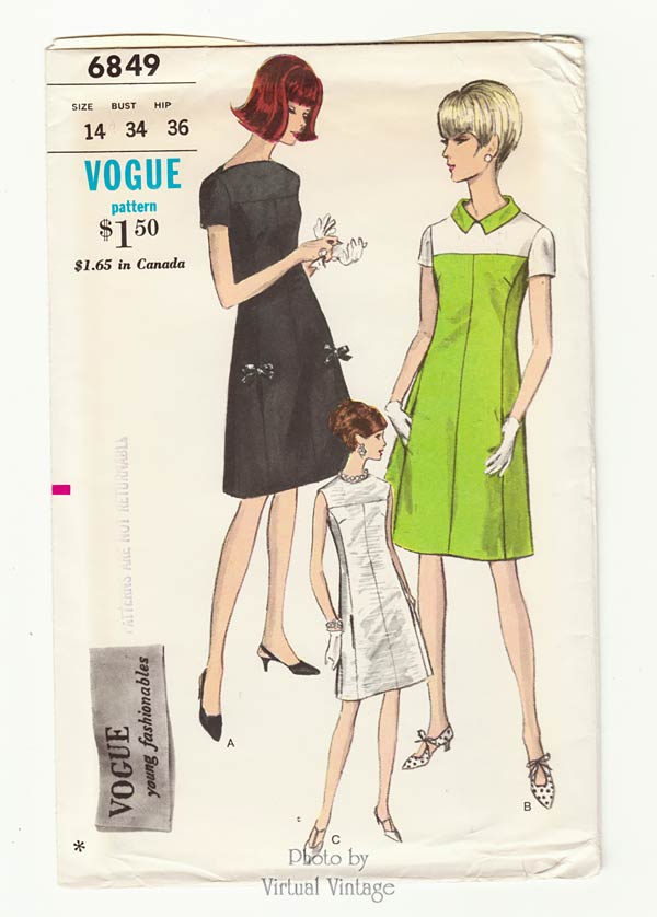 1960s Dress Sewing Pattern, Vogue 6849, Jewel Neck Dress with Pockets, Bust 34, Uncut