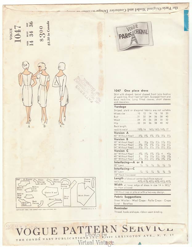 60s Vogue Paris Original 1047, Jacques Heim Dress Pattern, Bust 34, Uncut, Label