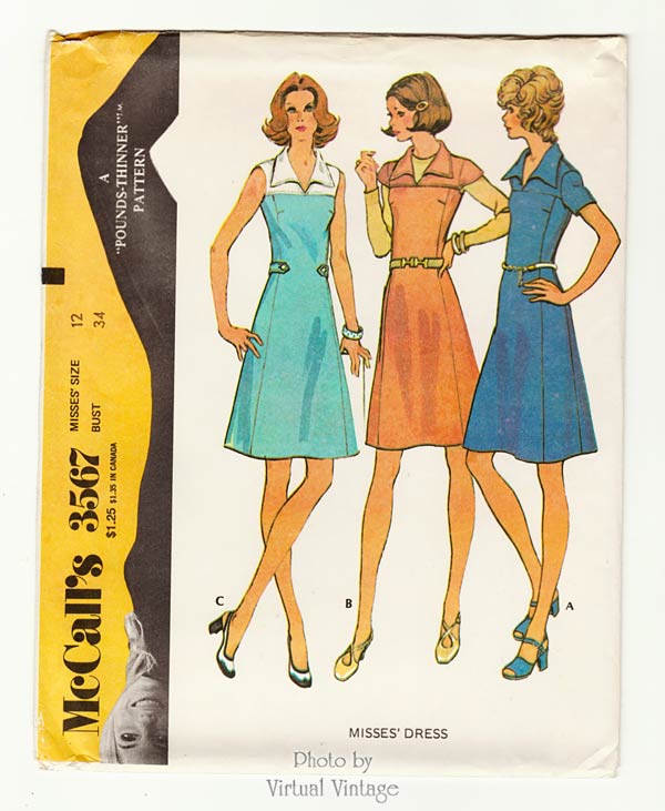 1970s A Line Dress Pattern, McCalls 3567, Vintage Sewing Patterns, Bust 34, Uncut