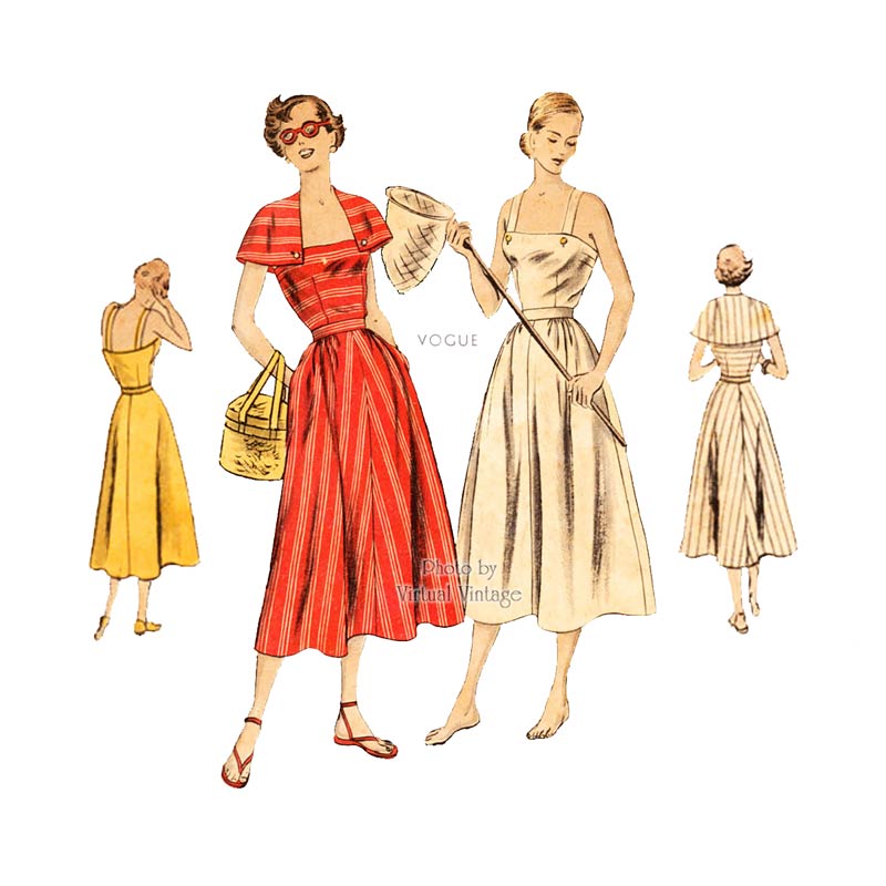 1940s Sun Dress Pattern Vogue 6446, Sundress with Shoulder Straps, Full Skirt, & Cape, Bust 34 Uncut