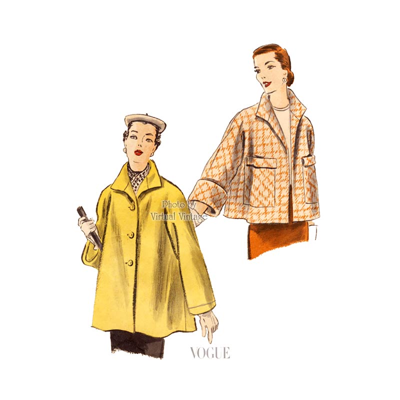 1950s Coat Pattern Vogue 7437, Vintage Easy Sewing Coat with Kimono Sleeves & Patch Pockets