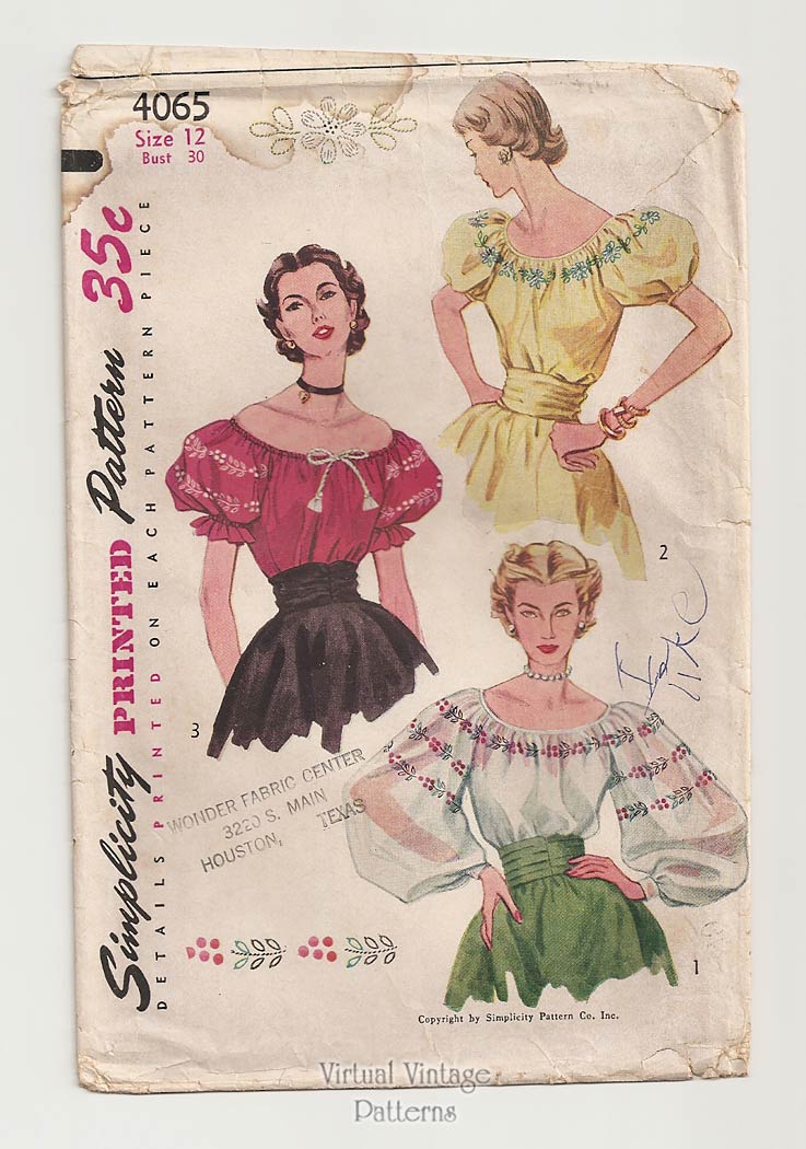 1950s Peasant Blouse Pattern, Simplicity 4065, Poet Shirt with Embroidery Transfers, Uncut