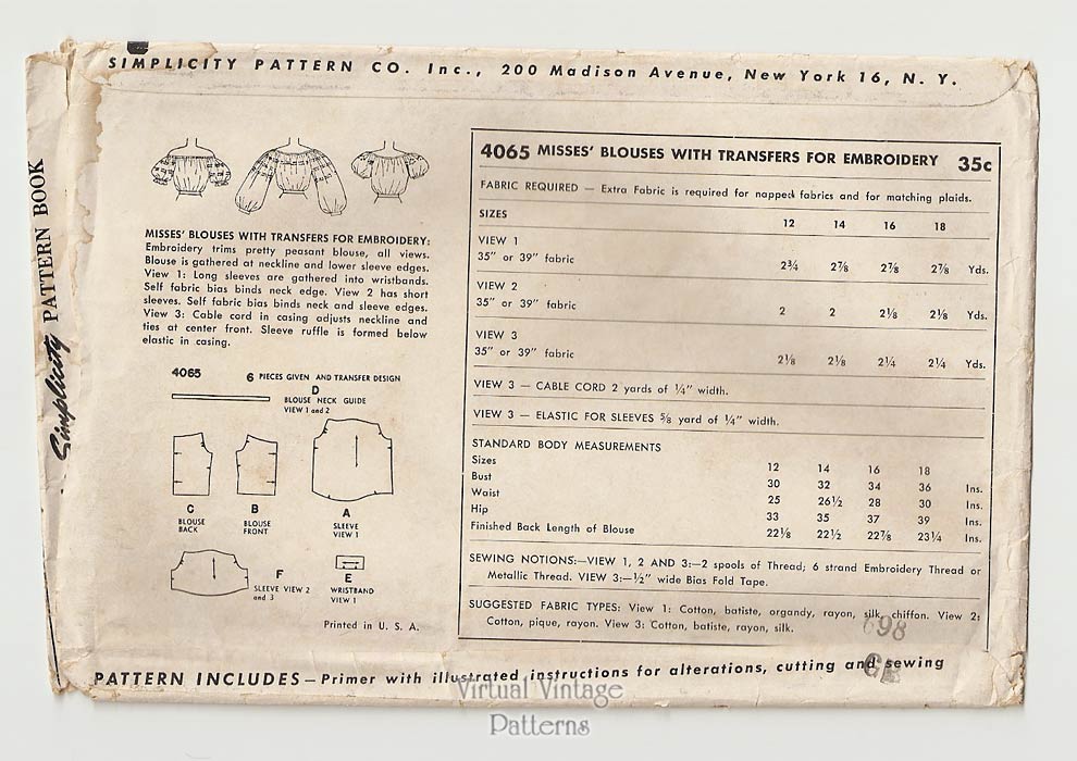 1950s Peasant Blouse Pattern, Simplicity 4065, Poet Shirt with Embroidery Transfers, Uncut