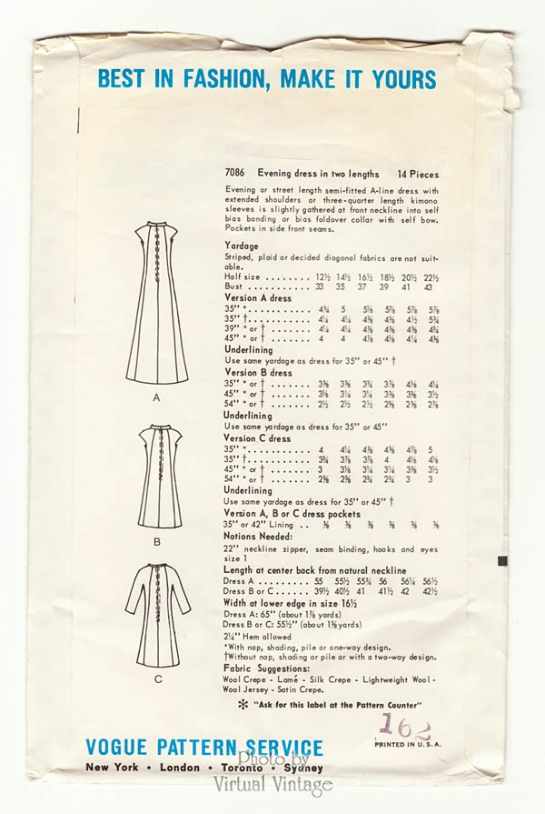 1960s A Line Evening Dress Pattern Vogue Special Design 7086 Bust 35 Vintage Sewing Pattern Label
