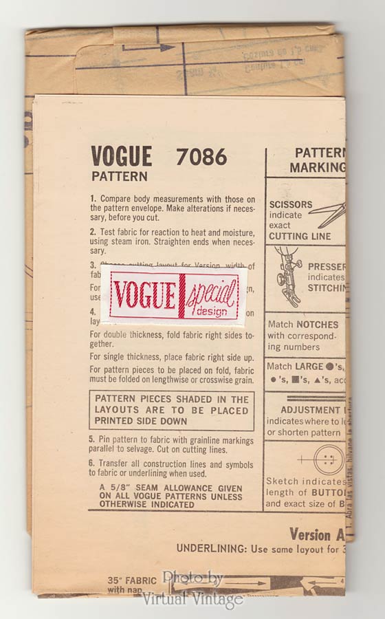 1960s A Line Evening Dress Pattern Vogue Special Design 7086 Bust 35 Vintage Sewing Pattern Label