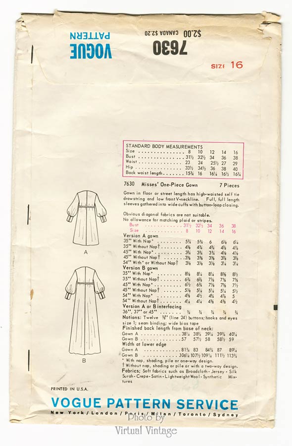 Vogue 7630 Empire Waist Maxi Dress Pattern Bust 38 Modeled by Jean Shrimpton