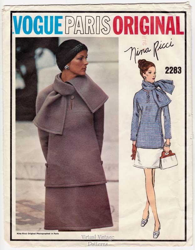 1960s Two Piece Dress Pattern with Scarf, Nina Ricci Vogue Paris Original 2283, Uncut