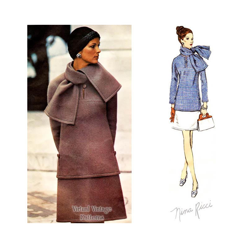 1960s Two Piece Dress Pattern with Scarf, Nina Ricci Vogue Paris Original 2283, Uncut