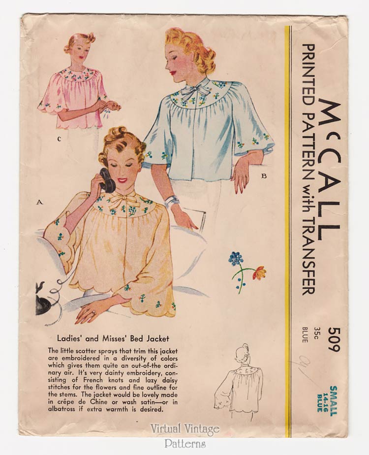 30s Bed Jacket Pattern, McCall 509, Vintage Lingerie Sewing Pattern, Bust 32 to 34, Uncut