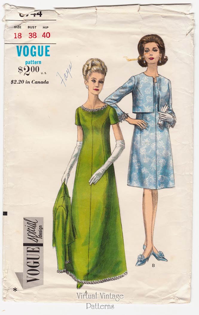 60s A Line Cocktail Dress Pattern, Vogue 6944, Jacket & Short or Long Evening Dress, Bust 38