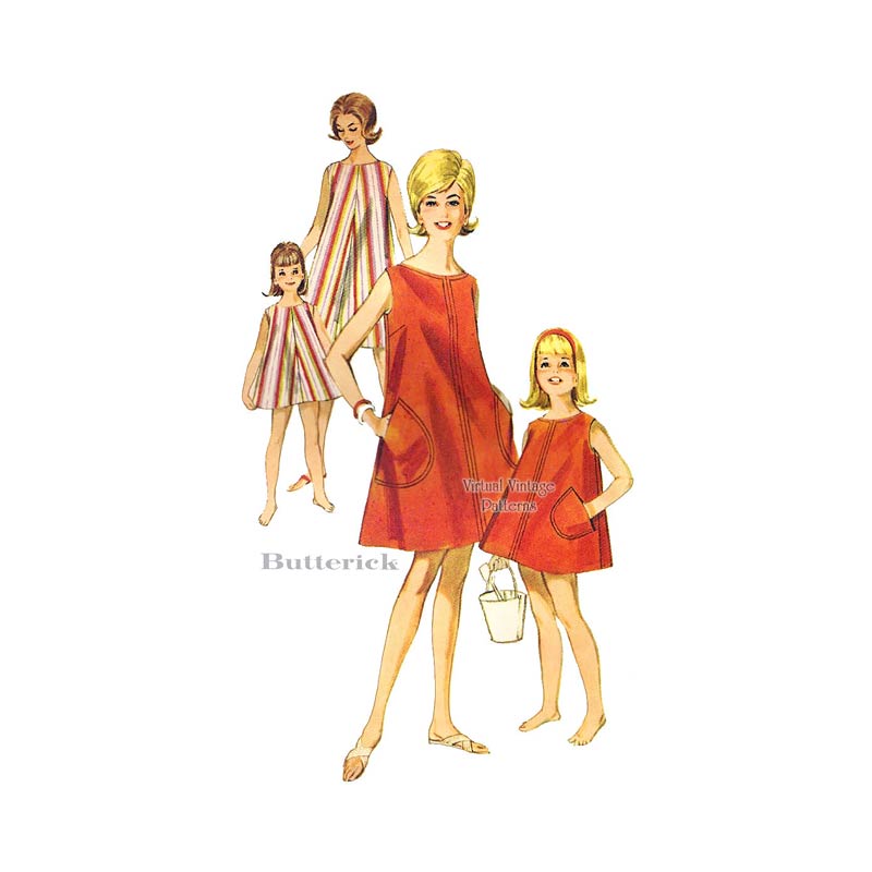 60s Beach Dress Pattern, Butterick 2706, Easy Sewing Mother and Daughter Dresses