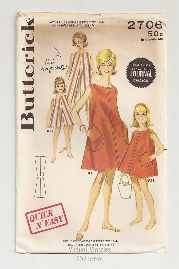 60s Beach Dress Pattern, Butterick 2706, Easy Sewing Mother and Daughter Dresses