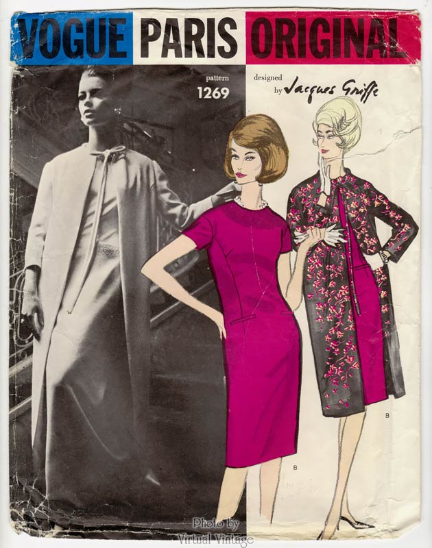 60s Vogue Paris Original 1269, Jacques Griffe Evening Dress Pattern with Coat, Bust 34