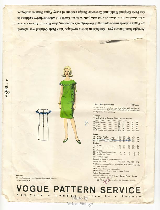 1960s Vogue Paris Original 1508, Pierre Cardin Dress Pattern, Bust 34