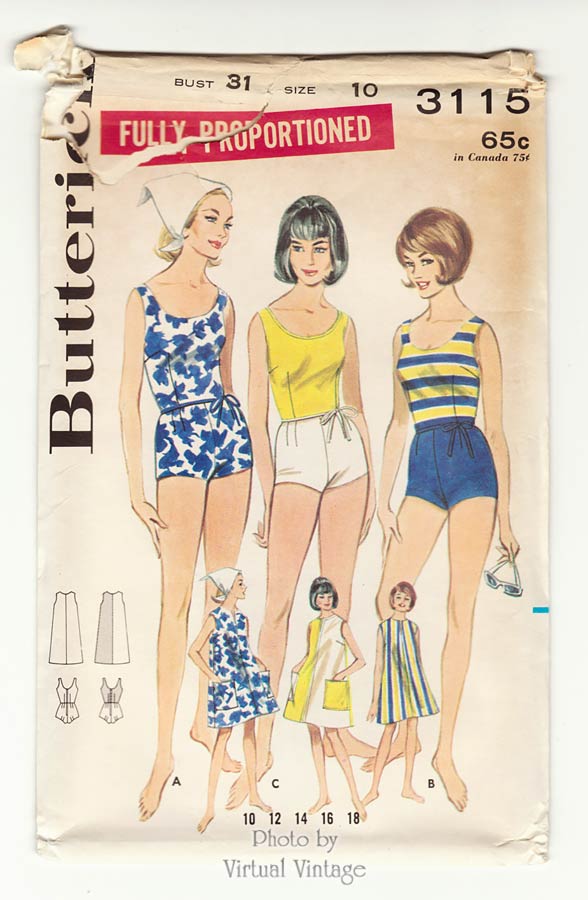 Retro Bathing Suit Pattern, Butterick 3115, Swimsuit & Beach Dress, Uncut