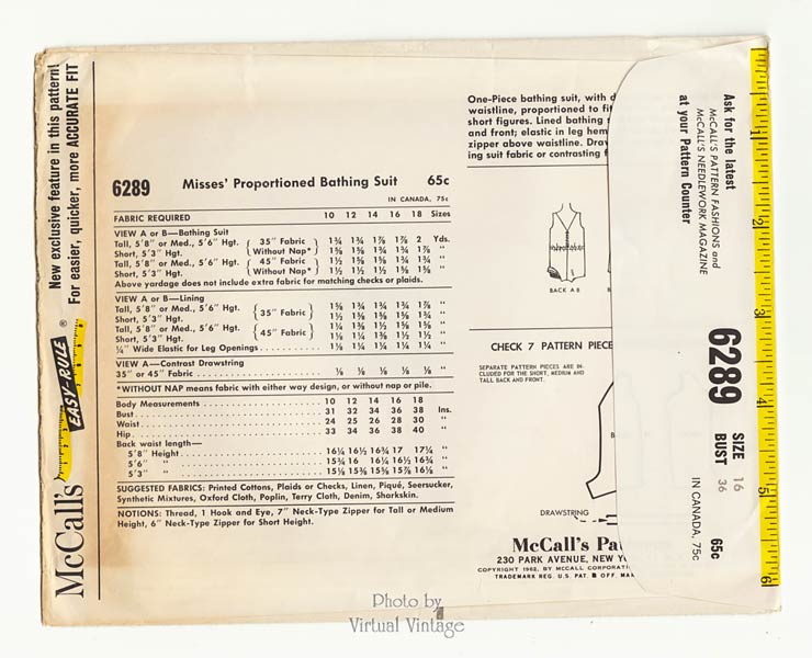 1960s Retro Swimsuit Pattern, McCalls 6289, Womens Bathing Suit, Bust 36, Uncut