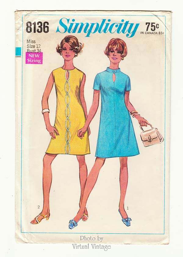 1960s Keyhole A Line Dress Pattern, Simplicity 8136, Bust 34, Uncut