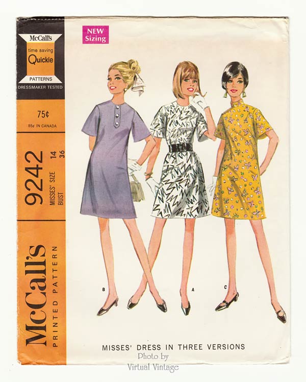 A Line Bell Sleeve Dress Pattern, McCall's 9242, 1960s Sewing Patterns, Bust 36, Uncut