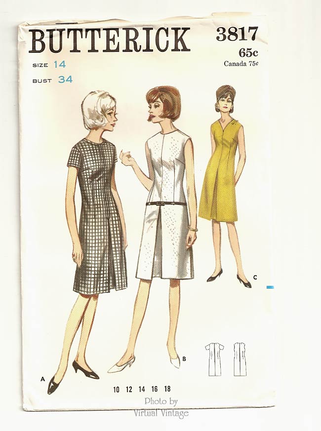 60s Jewel Neck Pleated Dress Pattern, Butterick 3817, Easy Sewing, Bust 34, Uncut