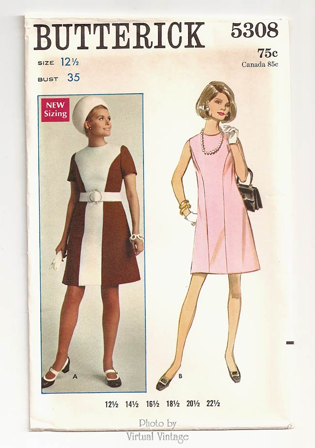 Mod Color Block Dress Pattern, Butterick 5308, Vintage Sewing Patterns, Bust 35, Uncut