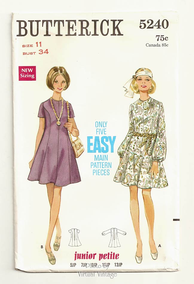 60s Boho Dress Sewing Pattern, Butterick 5240, Junior Petite Bust 34, Uncut