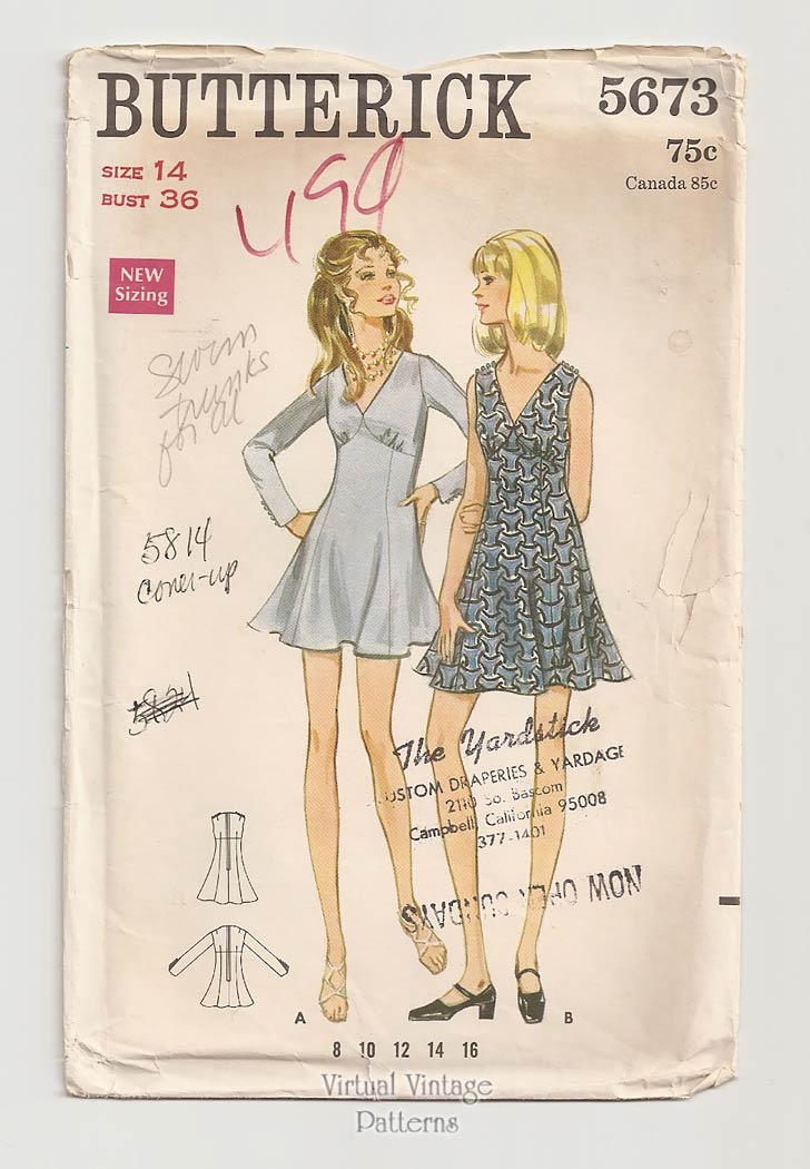 1960s Mini Dress Pattern Butterick 5673, Long Sleeves or Sleeveless, Bust 36, Uncut