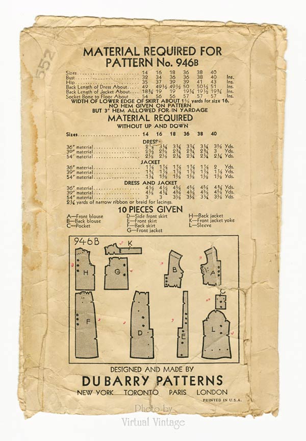 1930s Dress Pattern, duBarry 946B, Sleeveless Open Back Dress & Cropped Jacket, Bust 36