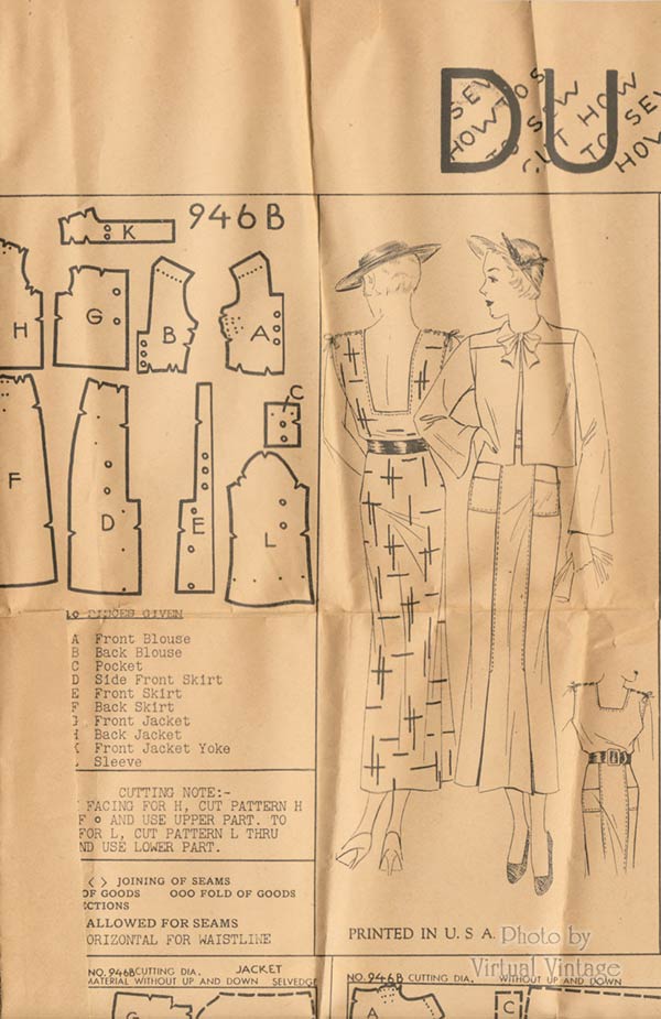 1930s Dress Pattern, duBarry 946B, Sleeveless Open Back Dress & Cropped Jacket, Bust 36