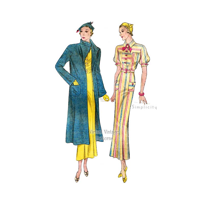 1930s Sewing Patterns, Simplicity 1418, Day Dress & Long Coat Pattern, Bust 34