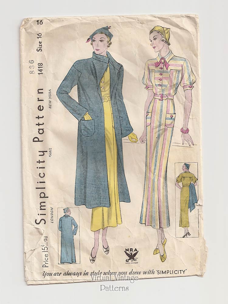 1930s Sewing Patterns, Simplicity 1418, Day Dress & Long Coat Pattern, Bust 34