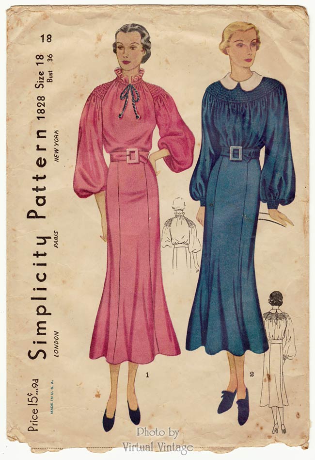 1930s Shirred Dress Pattern Simplicity 1828 Vintage Sewing Pattern 5962