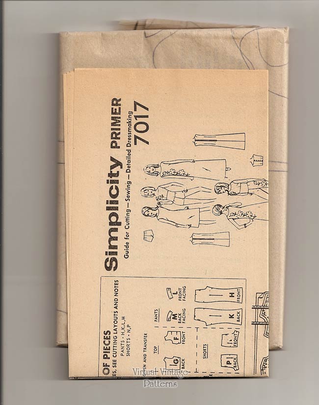 1960s Sewing Pattern, Simplicity 7017, Hip Hugger Bell Bottoms, Crop Top, Shorts & Dress, Uncut